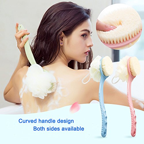 Bath Brush with Long Handle Bamyko Shower Back Scrubber Body Brush Sponge Loofahs 2 Pack + Self Adhesive Hooks 2 PCS