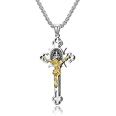 JIPSJICI Stainless Steel Saint St. Benedict Crucifix Cross Pendants Necklace INRI Religion Jewelry with Chain