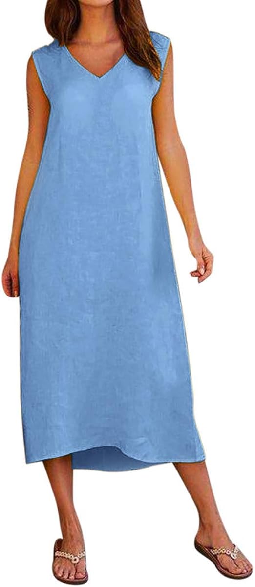 RODMA Women Summer Sleeveless V Neck Cotton Linen Casual Long Maxi