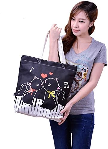 Lehope Women Girl's Music Symbol Cotton Canvas Tote Shopping Handbags with A Free Music Key Chain (Pet black)