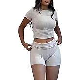 ZFLM Casual Workout Two Piece Outfits for Women Short Sleeve Crop High Waist Foldover Shorts Tracksuit Sets Streetwear