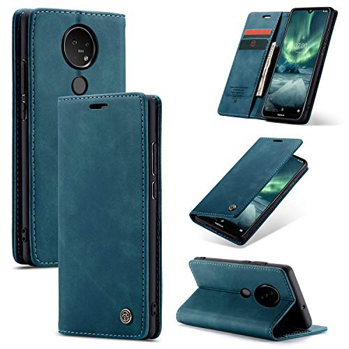 Bounceback® Nokia 7.2 Case Cover Leather Magnetic Flip Back Stand Case/Cover for Nokia 7.2 - Cool Blue