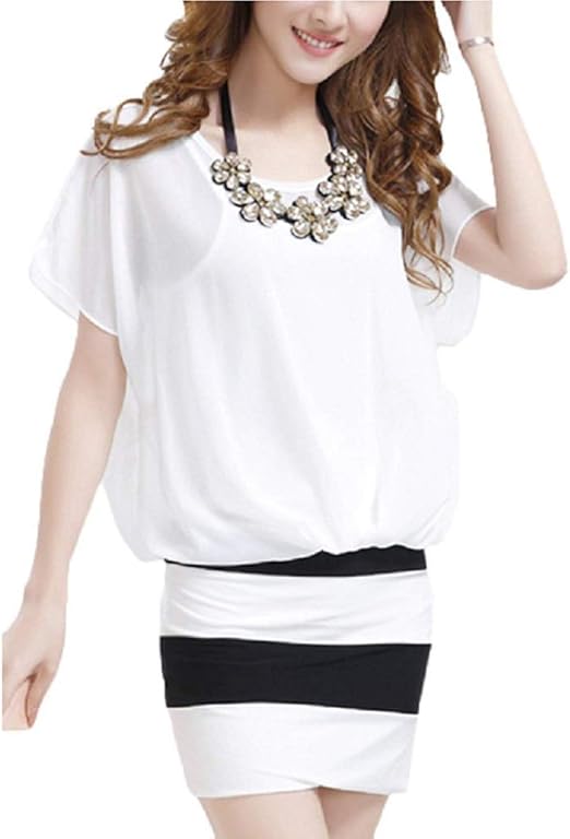 Amazon アイエムクラウン ネックレス付き フレアトップ ボーダータイト ワンピース セクシー 半袖 夏 タイト ミニ ドレス シフォン キャバドレス ナイトドレス レディース ファッション 白 ワンピース チュニック 通販