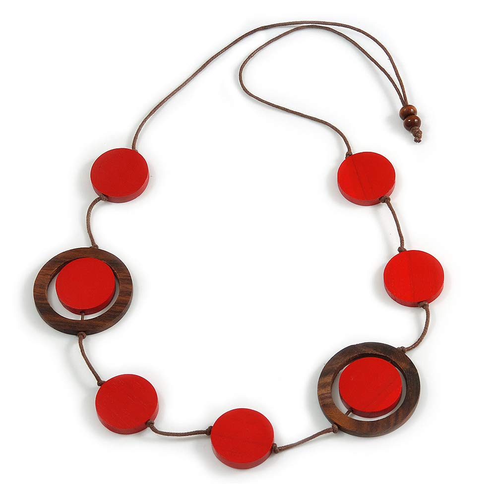 Avalaya Red/Brown Coin Wood Bead Cotton Cord Necklace - 88cm Long - Adjustable