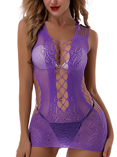 FasiCat Women's Mesh Lingerie Fishnet Babydoll Mini Dress Free Size Bodysuit (one Size, Lightpurple)