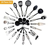 Deluxe 28-Piece Kitchen Utensil Set, Cooking Tools, Kitchen Gadgets, Black Nylon and Stainless Steel Cookware. Set includes: Spatula, Pizza Cutter, Can Opener, Tongs, Ice Cream Scoop, Soup Ladle, Ect.