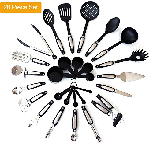 Deluxe 28-Piece Kitchen Utensil Set, Cooking Tools, Kitchen Gadgets, Black Nylon and Stainless Steel Cookware. Set includes: Spatula, Pizza Cutter, Can Opener, Tongs, Ice Cream Scoop, Soup Ladle, Ect.