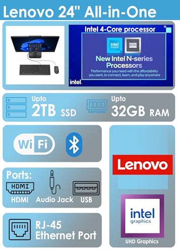 Lenovo 24 All-in-One Desktop Computer for Home Office, Intel Processor, 23.8