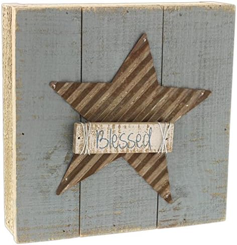 Honey &amp; Me 8" Corrugated Metal Star &amp; Pallet Wood Block Sign "Blessed"