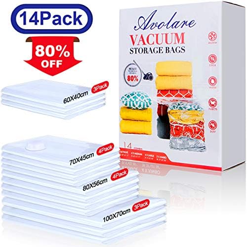 Space Saver Vacuum Storage Bags - Premium Avolare 14 Pack (3 x Roll Up Bags, 4 x Medium, 4 x Large, 3 x Jumbo) Space Saver Bags, Save 80% More Storage Space for Clothes, Duvets, Bedding, Pillows
