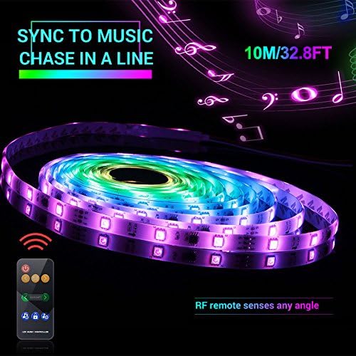 Led Strip Lights Sync to Music, 10M/32.8ft Chase Effect Led Lights Kit 5050 RGB Led Rope Lights Waterproof Led Lights Strip with 360 Degree Signals Accept RF Remote 12V AC Adapter Powered
