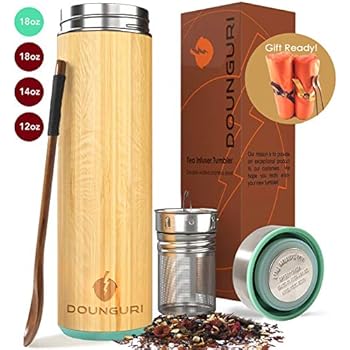 DOUNGURI Bamboo Tea Tumbler Mug with Strainer Infuser - 18 oz Vacuum Insulated Stainless Steel Thermos with Filter for Loose Leaf/Coffee Travel Bottle/Hot and Cold Water/Leak Proof/Gift Ready