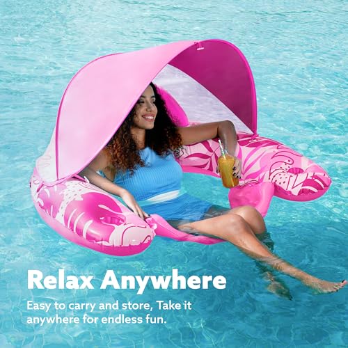 SLOOSH Pool Floats with Canopy Adult,XL Inflatable Pool Lounge Chairs with Cup Holders,Floating Chair for Adults,Inflatable Floaties with Headrest for Party Beach Summer Water Fun,Pink