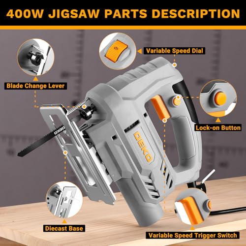 Electric Jigsaw: DEKOPRO 400W Wood Saw Jigsaw Reciprocating Jigsaws, 6 Variable Speeds 0-3000 SPM, ±45° Inclined Cut with 8 Blades for Wood, Metal and Plastic
