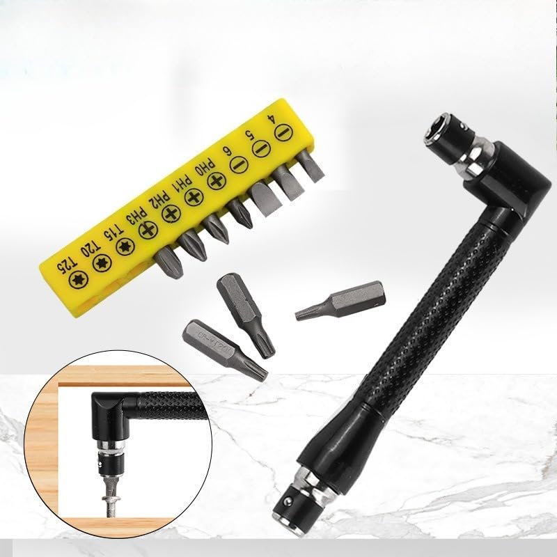 90 Degree Right Angle Screwdriver Adapter with 10pcs Bits - 1/4 Inch Hex Socket Set for Tight Spaces in Home & Garage (Yellow-Black)