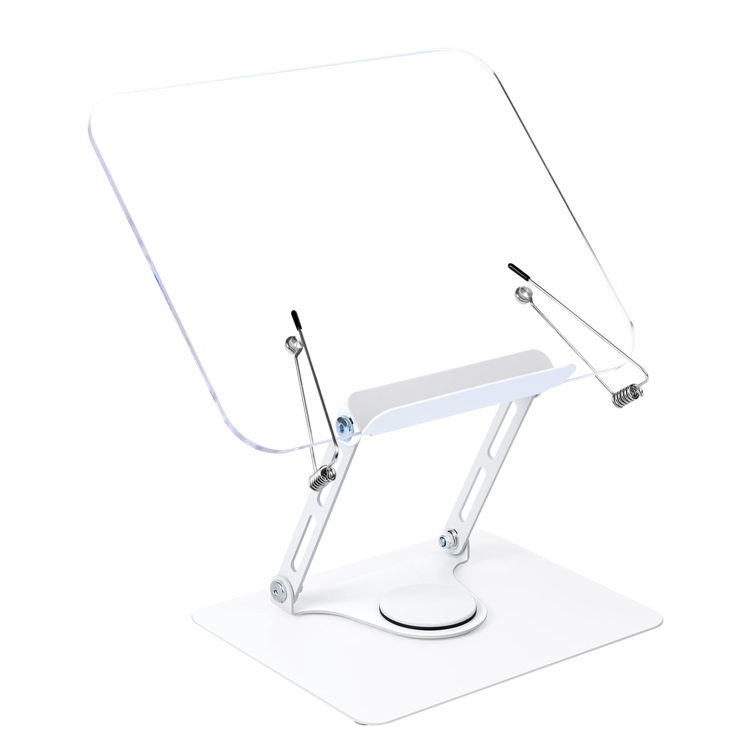 Acrylic Book Stand for Reading, 360° Adjustable Book Holder, Foldable Recipe Cook Book Stand for Kitchen, Book Display Stand with Elastic Page Clips for Laptop Magazine Document Music Sheet (Clear)