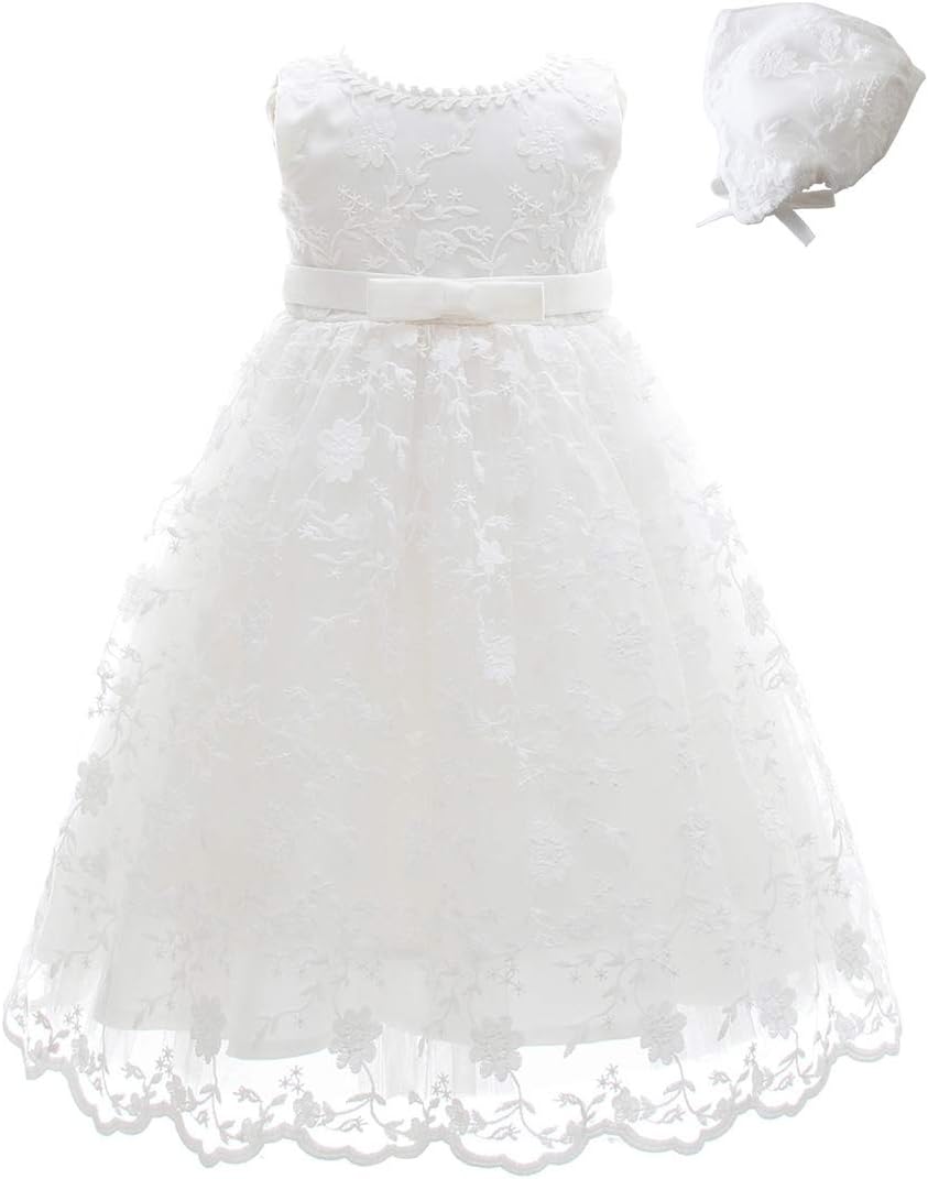 Meiqiduo Baby Girls Lace Christening Baptism Gowns Dresses with Bonnet