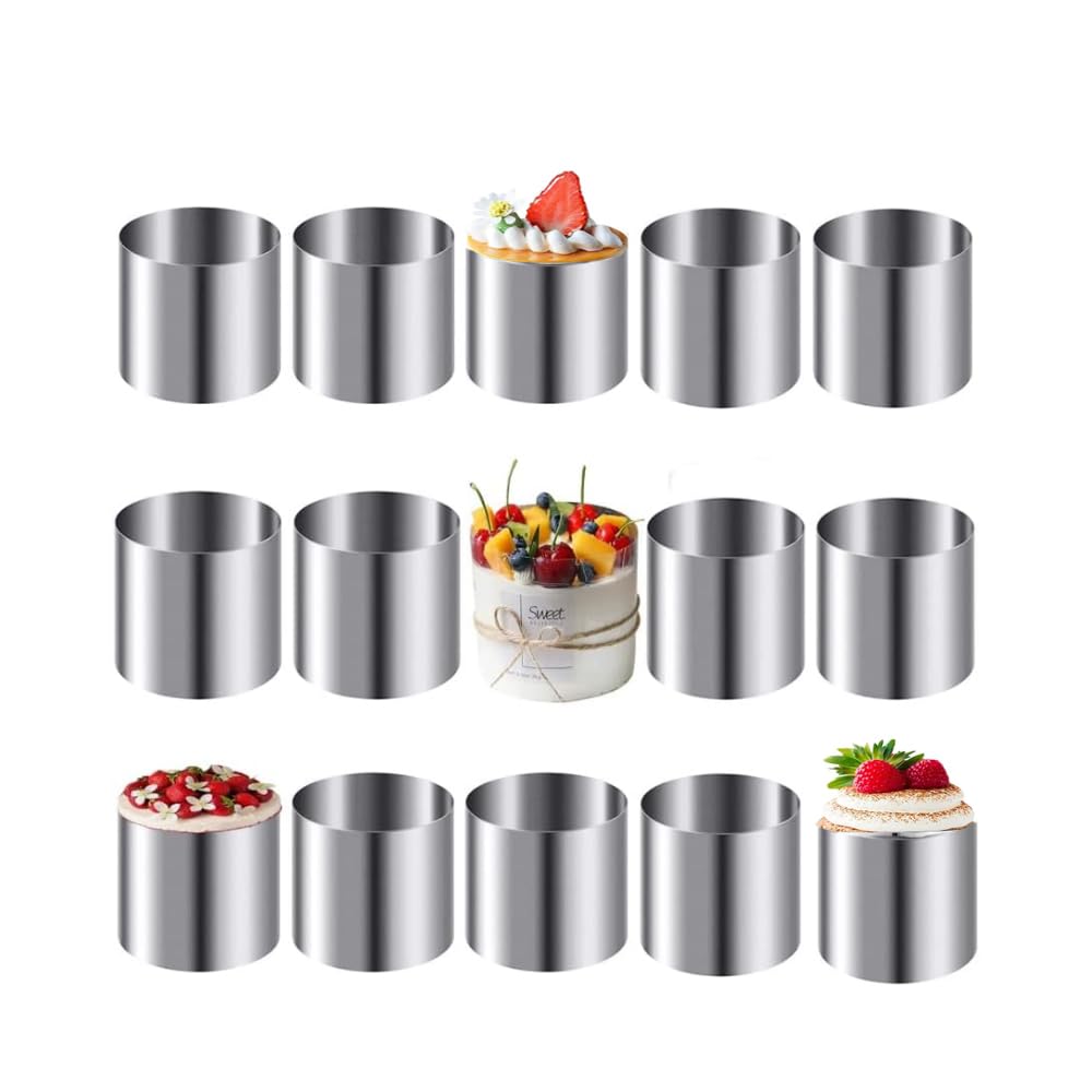 Tiamu 15 Pcs Stainless Steel Mini Cheesecake Rings, 5cm Mousse Rings, Round Biscuit Cutter Cake DIY Kitchen Baking Pastry Tool for Sushi Rice, Tart, Fondant, Dessert