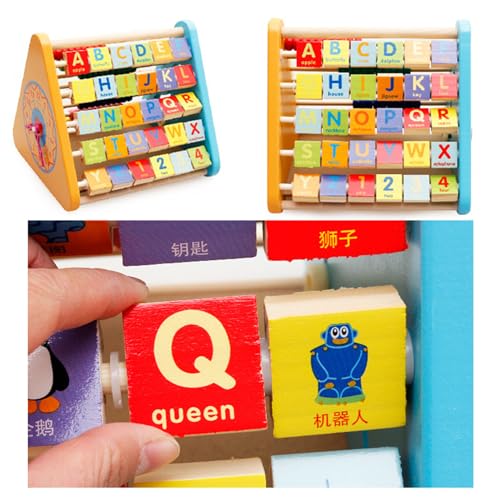 AM ANNA Activity Centre Triangle Toys, 5 in 1 Wooden Cube for Toddlers With Flop Alphabet Blocks, Abacus Clock - Montessori Learning Toys for Babies