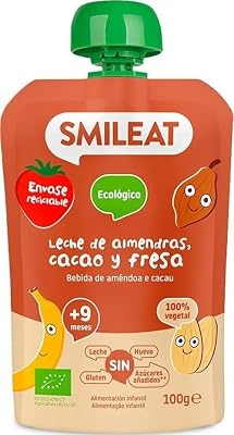 - Saquinho de fruta biológica - Sem sal ou açúcar adicionados, sem glúten - Lanche prático para crianças - Sabor a amêndoa, cacau e leite de morango