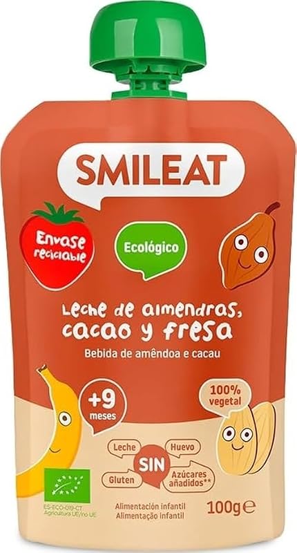 - Saquinho de fruta biológica - Sem sal ou açúcar adicionados, sem glúten - Lanche prático para crianças - Sabor a amêndoa, cacau e leite de morango