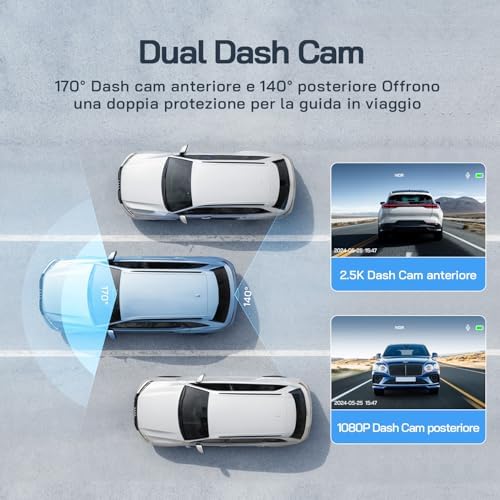 2.5K Doppia Dash Cam Auto, Dash Camera IPS 3" con Grandangolo, 1440P+1080P FHD Telecamera, Visione Notturna,G-Sensor, WDR, Monitor di Parcheggio, Registrazione in Loop
