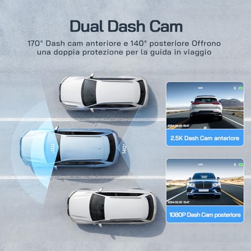 2.5K Doppia Dashcam, Dash Cam Auto IPS 3" con Grandangolo di 310°, 1440P+1080P FHD Telecamera, Visione Notturna,G-Sensor, WDR, Monitor di Parcheggio, Registrazione in Loop