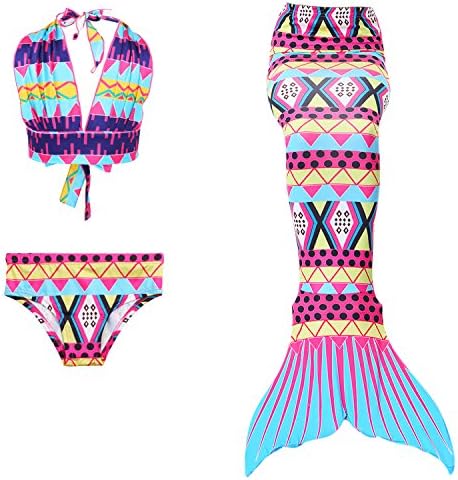 TMCO Girl 3Pcs Swimsuit Children Printing Mermaid Bikini Swimsuit-Blue totem1(6-8Years)