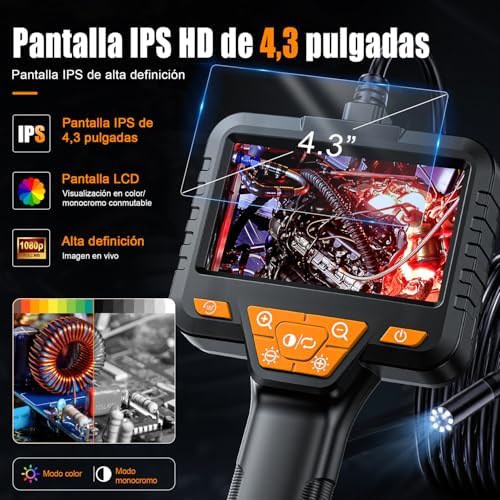 Endoscopio Cámara de Inspección, SKYBASIC Cámara Endoscópica 4.3'' Pantalla IPS HD Cámara Endoscopio IP67 Impermeable con 8 Luces LED, Endoscopio de Cámara de Drenaje de Mano Cable Semi-Rígido-5M