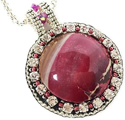 Leenou Handmade Bead Embroidered Pink and Brown Pendant with Crystals and Polymer Clay Bead with Black Leather Backing for Necklaces Anniversary Birthday Gift and Special Occasions