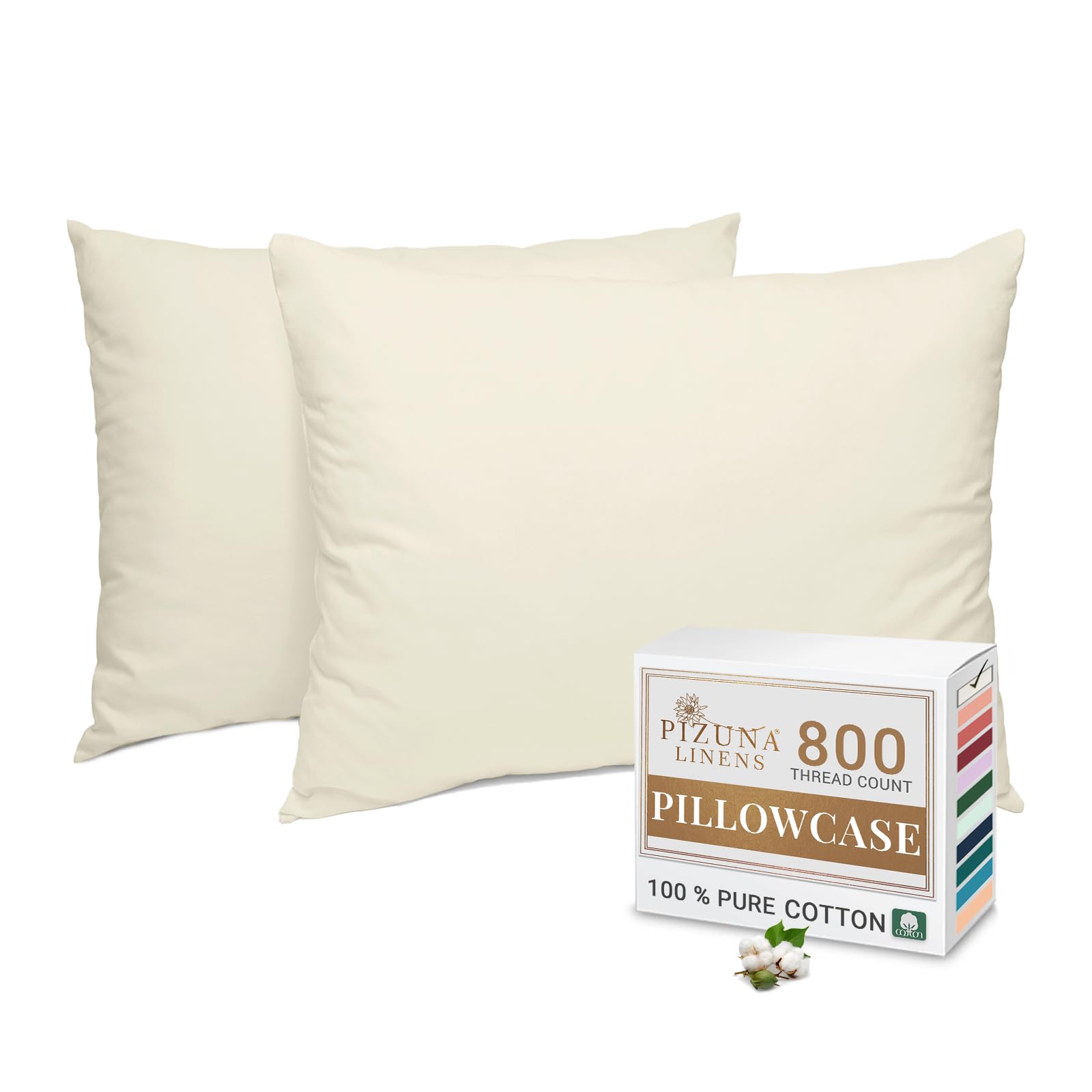 Pizuna Luxurious Cotton Housewife Pillowcases 2 Pack Ivory 48x74cm, 800 Thread Count Long Staple Combed Cotton Pillow Cover, Crisp Sateen Weave Housewife Pillow Cases (Luxury Pillowcase 2 PC)