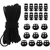 20pcs Plastic Cord Locks with 1/8-Inch 50ft Elastic Cord Heavy Stretch Round String, 10Pcs Sing-Hole, 10pcs Double-Hole Spring Toggle Stopper Slider Black (3mm-Black)