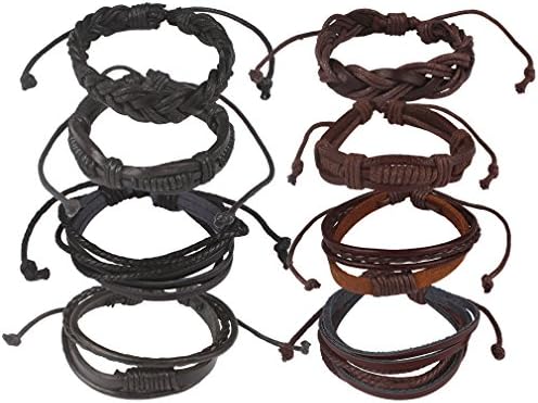 Casoty Leather Bracelets For Men Women Braided Adjustable Cuff Bracelet - Set of 8, Black and Brown