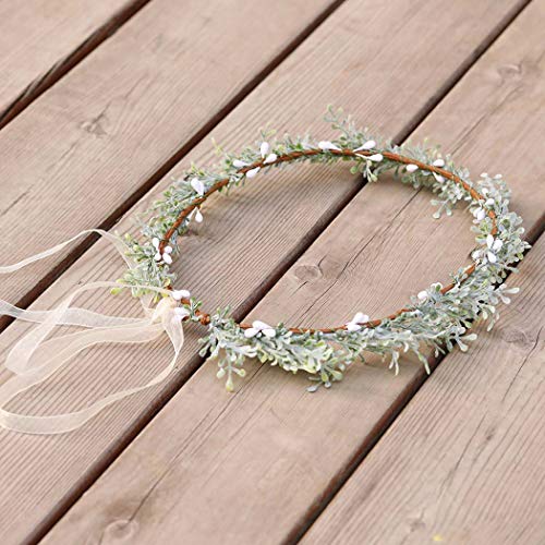 Campsis Wedding Crown Green Wreath Garland with Ribbon Bridal Hair Wreath HaloÂ for Women and Girls