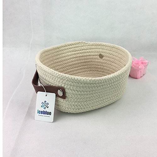 ICEBLUE HD Mini Beige Natural Cotton Rope Dog Toys Basket Nursery Basket Catchall with Leather Handles