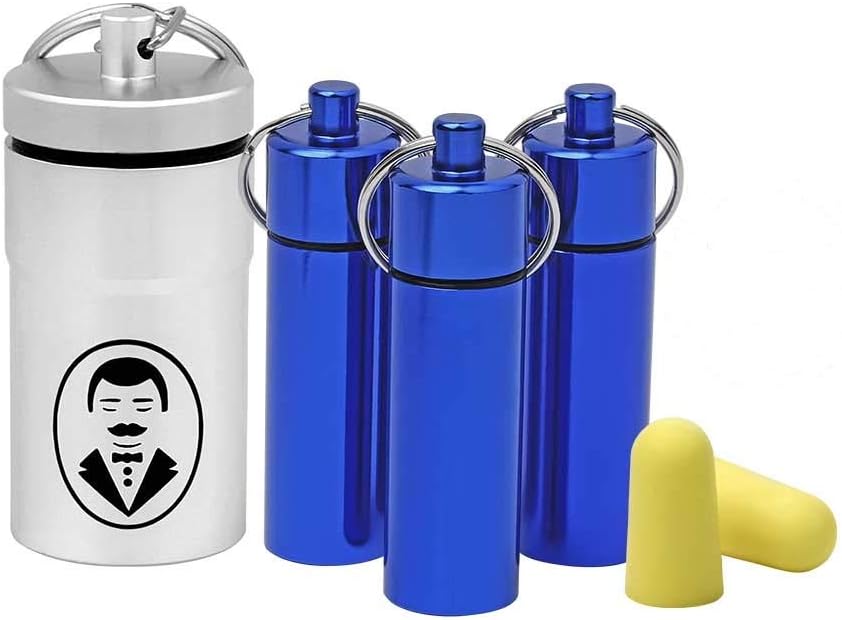 4 Airtight Waterproof Stash Jars, Smell Proof Pill Holder Containers, Secures Herbs Nitroglycerin Aspirin Medications Drugs, Plus 3 Pair Earplugs Soft Multipurpose, EDC Keychain Fob, 3 Blue 1 Silver