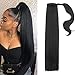 Yepei Natural Black Yaki Straight Long Clip in Ponytail Hair Extensions Kanekalon Wrap Around Synthetic Fake Pony Tail Hairpieces Heat Resistant Fiber Wave Ponytail Extensions for Women 120g 26inch