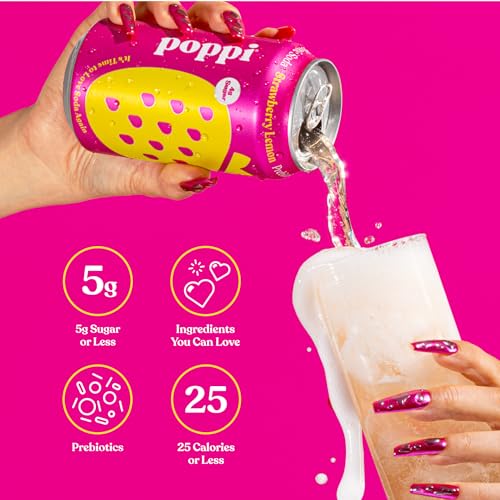 POPPI SPARKLING PREBIOTIC SODA BEVERAGE WITH APPLE CIDER VINEGAR, SELTZER WATER AND FRUIT JUICE, STRAWBERRY LEMON FLAVOR, 12 FL OZ, 1 COUNT, PACKAGING MAY VARY