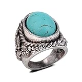 Yazilind Vintage Antique Oval Cut Blue Turquoise Retro Silver Plated Embossed 6.5 8 9 Ring Women