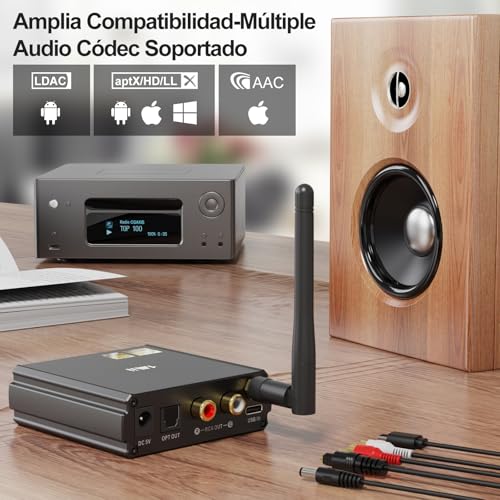 1Mii DS220 Receptor Bluetooth 5.3 con LDAC, Adaptador de Audio Hi-Res, DAC Audiófilo, aptX HD/Baja Latencia, 10m Largo Alcance, con Salida Óptica/RCA, Entrada USB, Modo EQ Pantalla OLED para Estéreo