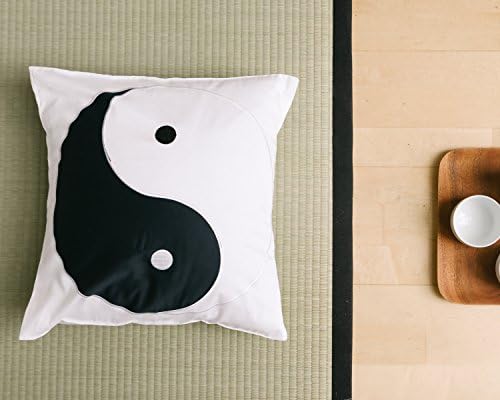 Black and white pillow decorative slip sham cover, small pillowcase 26"x26". Asian inspired fashionable decorative design with an embroidered bold Ying Yang symbol graphic on pillow case