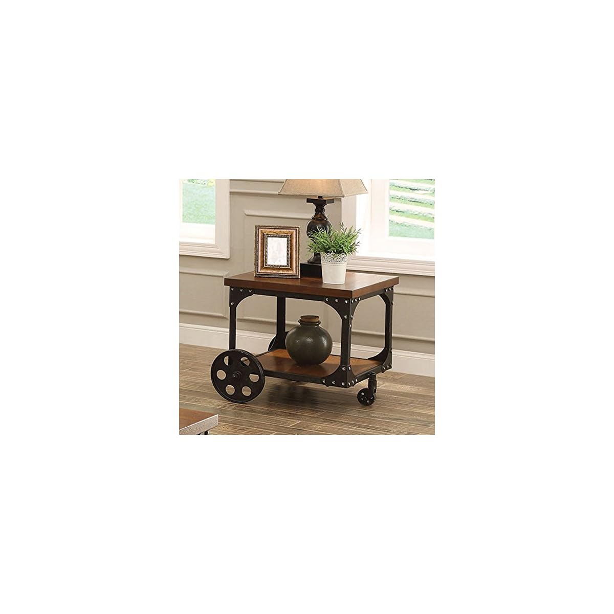 Coaster Furniture Wood End Table with Metal Casters » Steampunk 