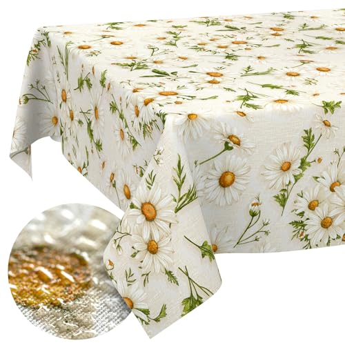ANRO Washable Tablecloth Daisy White Rectangular 350 x 140 cm - Water-Repellent Indoor Outdoor Lotus Effect Cut Edge