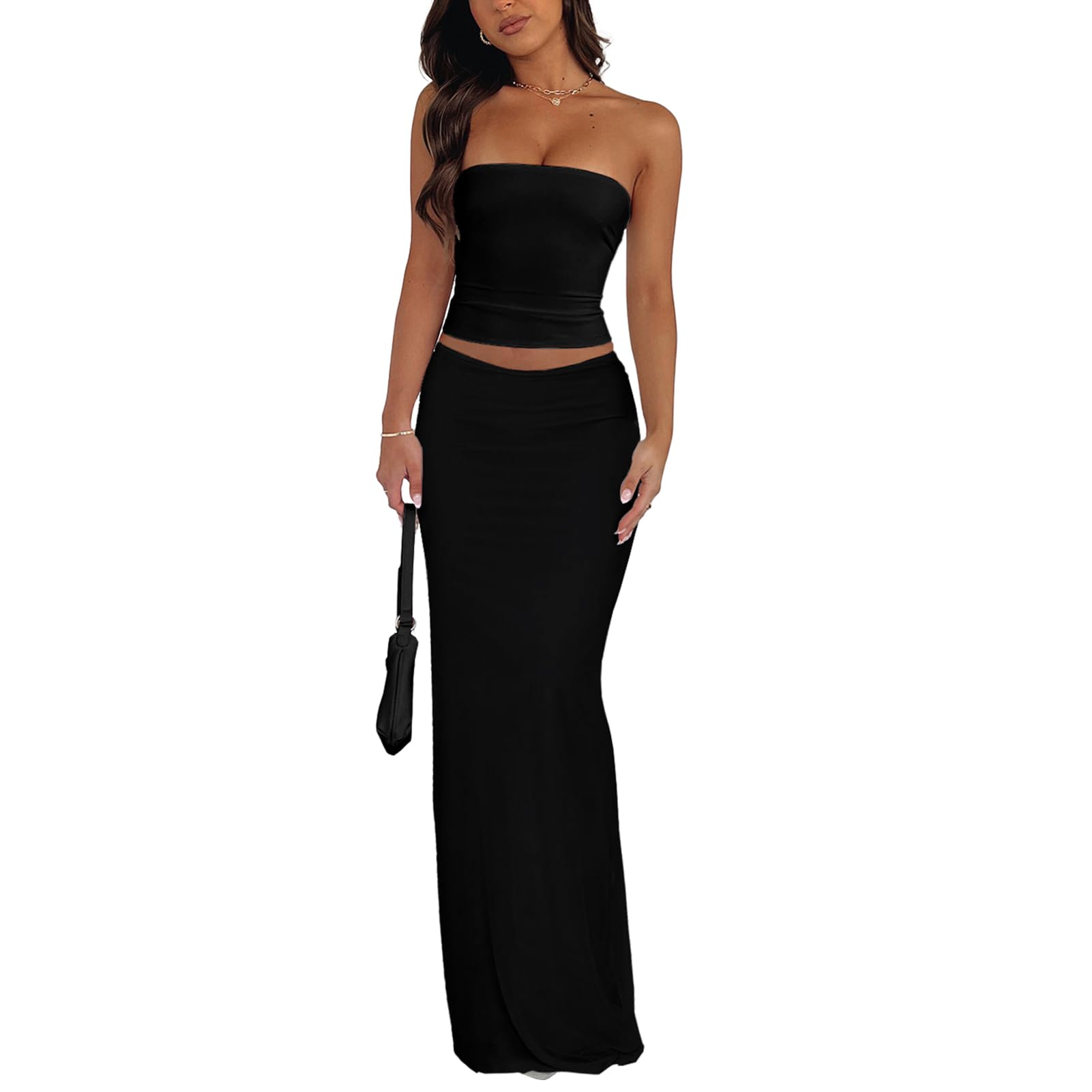 Photo 1 of Goafuliy Two Piece Sets for Women Going Out, Strapless Crop Tops and Sexy Long Skirt Set Summer Vacation Outfits Black S
