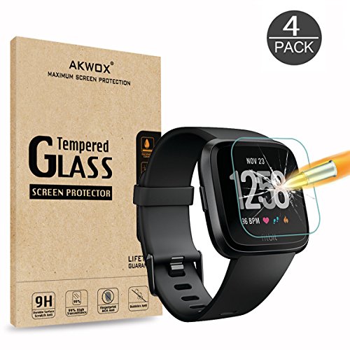 AKWOX [4 Pack] Fitbit Versa Tempered Glass Screen Protector, [0.3mm 2.5D High Definition] Screen Protector for Fitbit Versa [9H Hardness] [Crystal Clear] [Scratch Resist] [No-Bubble]