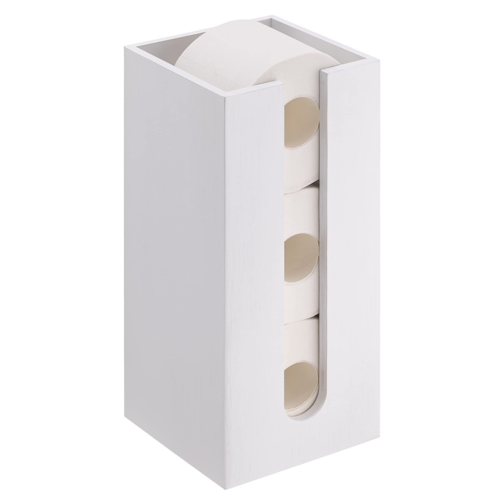 Navaris Bamboo Toilet Roll Storage - Narrow Free Standing Toilet Paper Tissue Holder Tower Organiser for Bathroom - Storage for 3 Toilet Rolls - White