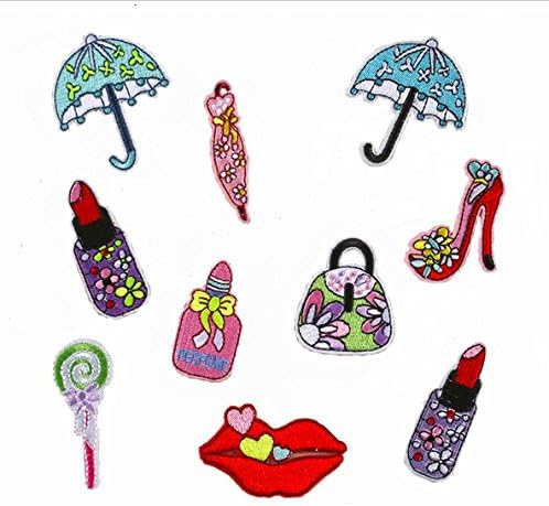 10pcs/lot Cloth Patches Garment Applique DIY Decoration Accessories Iron On Embroidered Patch Set--High Heels Lace Umbrella Perfume Candy Handbags Red Lips Lipstick Patch