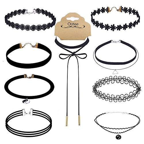Outee 9 Pieces Black Velvet Chokers Necklaces, Stretch Tattoo and Black Bead Chokers Necklaces