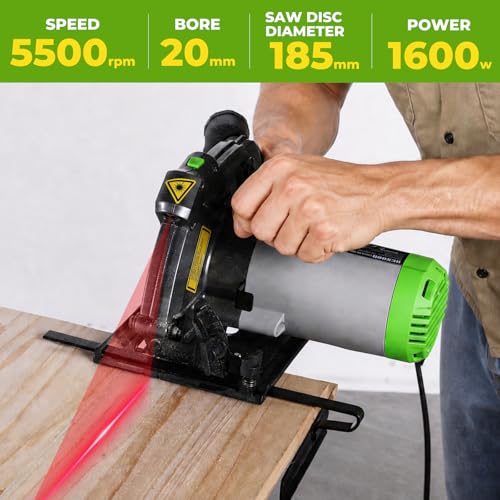 DESOON Sega Circolare da 1600 W con Guida Laser, Include Guida Parallela e 2 Lame da Seghetto (185 mm, 24T e 40T), 5500 Giri/min, Profondità di Taglio 65 mm (90°) e 43 mm (45°), per Taglio Legno