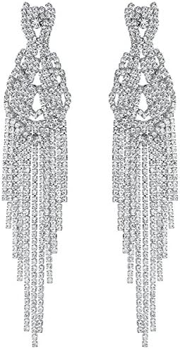mecresh Silver Rhinestone Statement Long Tassel Wedding Earrings for Bridesmaid
